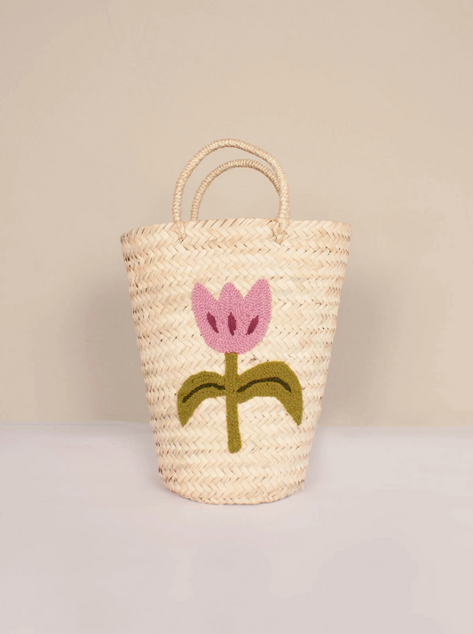 Hand Embroidered Tulip Bucket Basket