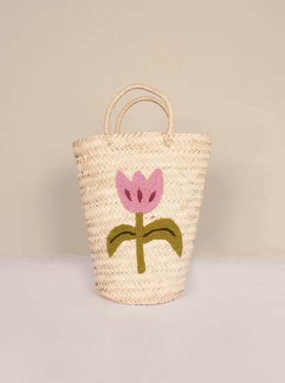 Hand Embroidered Tulip Bucket Basket