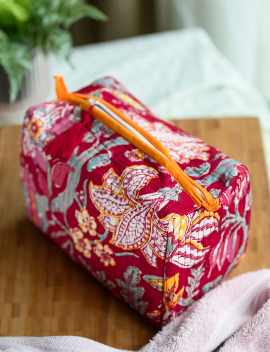 Rooh Quilted Cotton Block Print Wash Bag - Gulmohar Red
