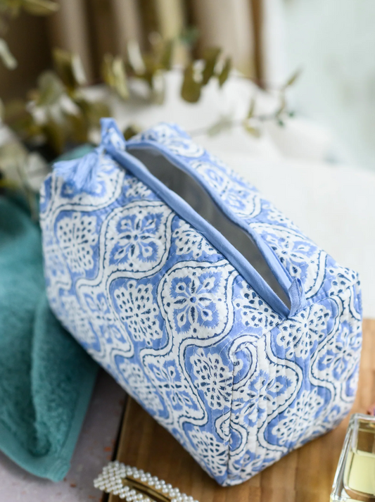 Rooh Quilted Cotton Block Print Wash Bag - Blue Ogee Jaal