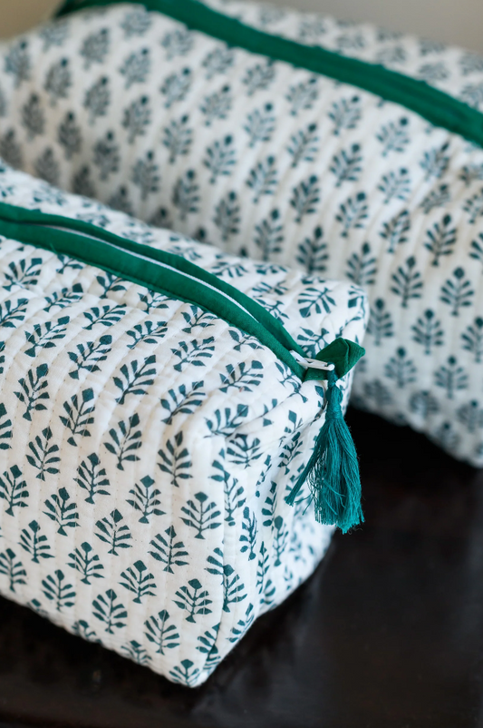 Rooh Quilted Cotton Block Print Wash Bag - Green Booti