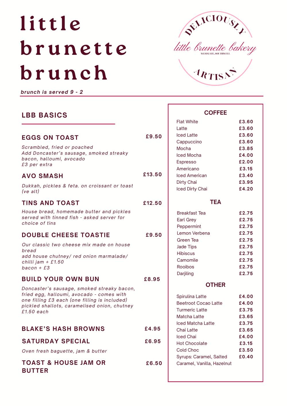 Menus – Little Brunette Bakery
